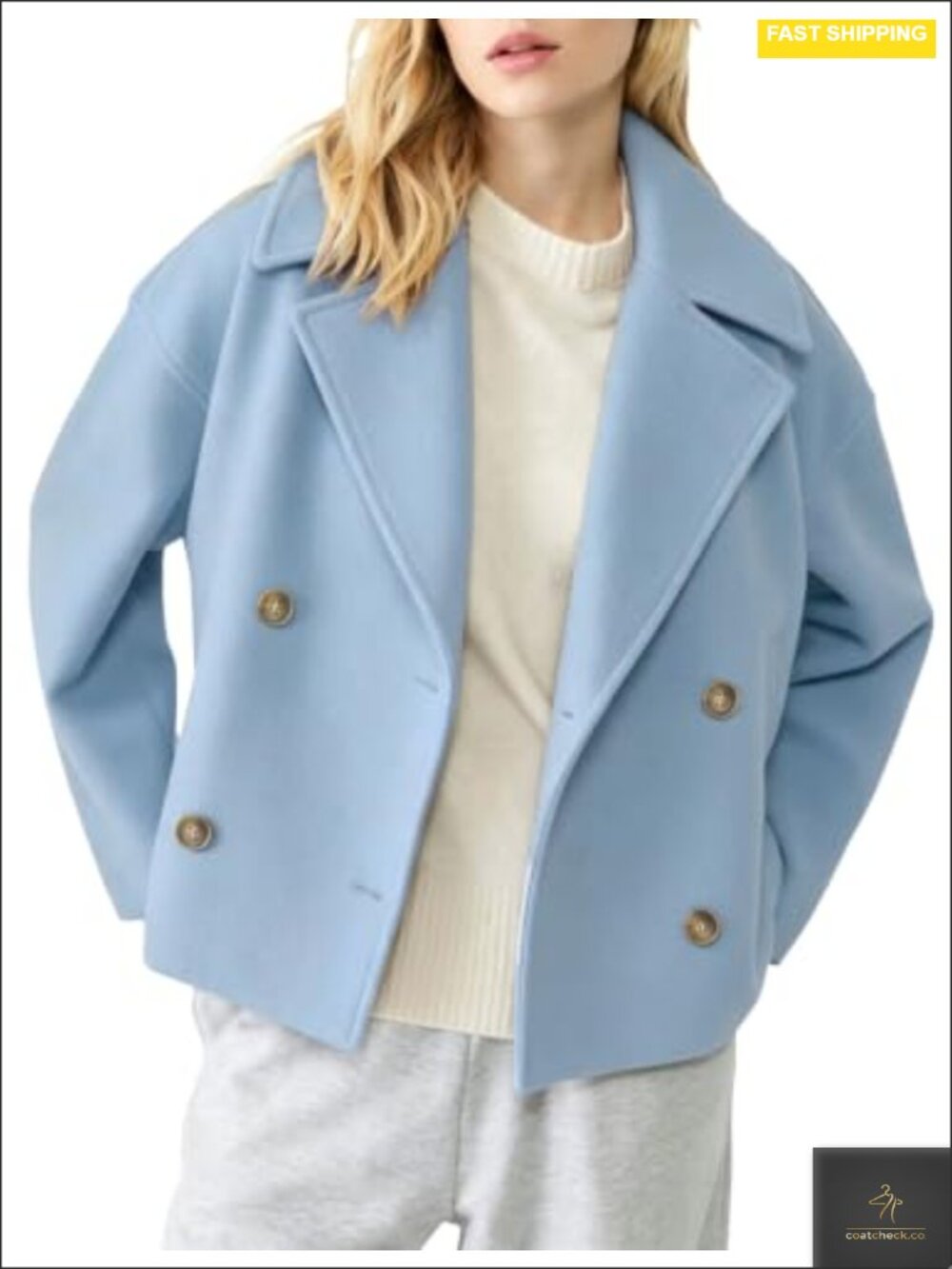 Women's Cropped Pea Coat Wool Blend Notched Lapel Double Breasted